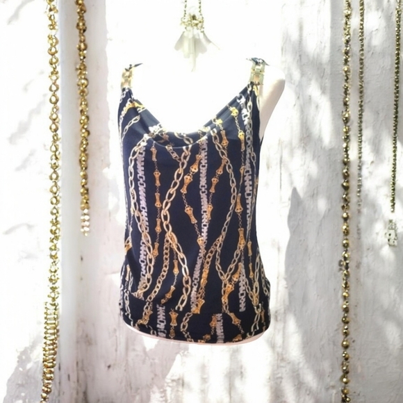 Vintage CACHE Drape Neck Sleeveless Top Link Chain Pattern Gold Metal Strap - Picture 1 of 10